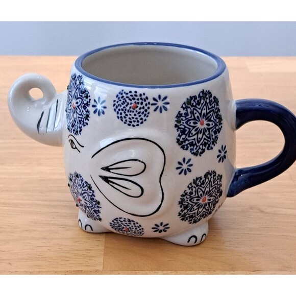 Earthbound Trading Company Elephant Figural Mug Cup Blue White Red Trunk Up - Picture 6 of 7